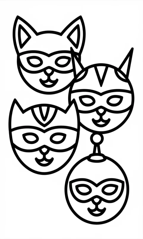 kolorowanka dla dzieci z trzema maskami karnawałowymi do pokolorowania - zabawne maski superbohaterów - pj masks pidzamersi kolorowanki