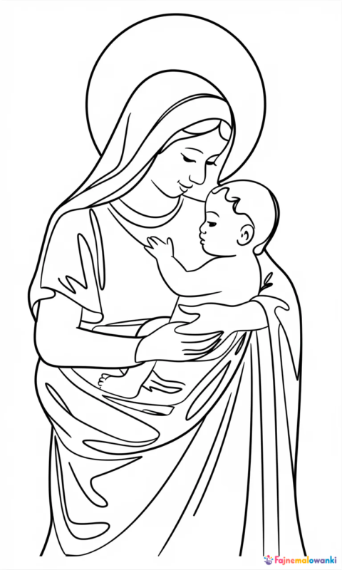 Kolorowanka religijna przedstawiająca matkę z dzieckiem w ramionach
