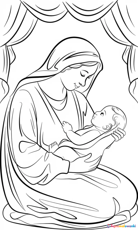 kolorowanka dla dzieci przedstawiająca matkę z dzieckiem