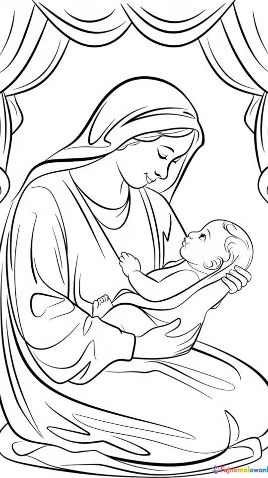 Kolorowanka religijna: Maryja i Jezus do druku dla dzieci