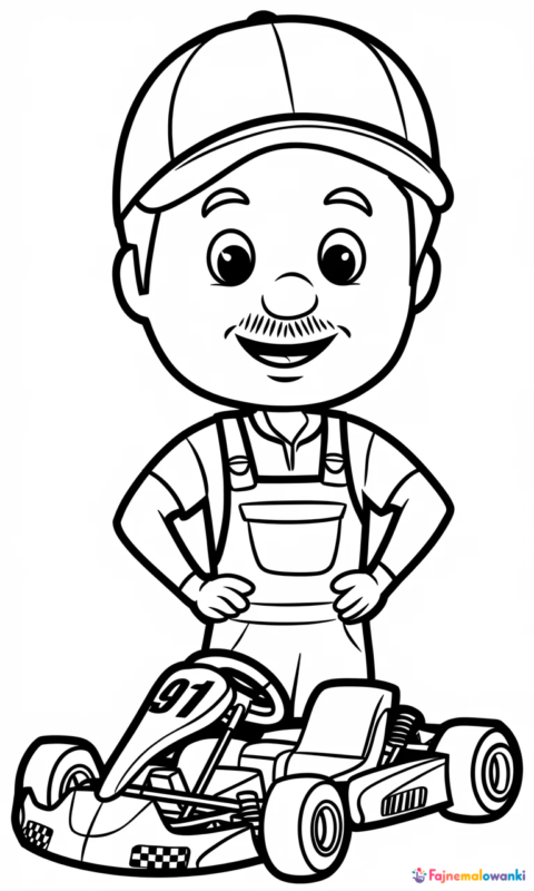 kolorowanka dla dzieci przedstawiająca wesołego mechanika przy małym gokartowym bolidzie wyścigowym do pokolorowania - kolorowanki mario