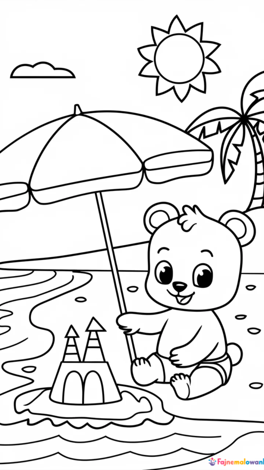 Słoń buduje zamek z piasku na plaży – kolorowanka dla dzieci