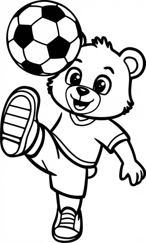 kolorowanka dla dzieci przedstawiająca wesołego misia piłkarza żonglującego piłką nożną