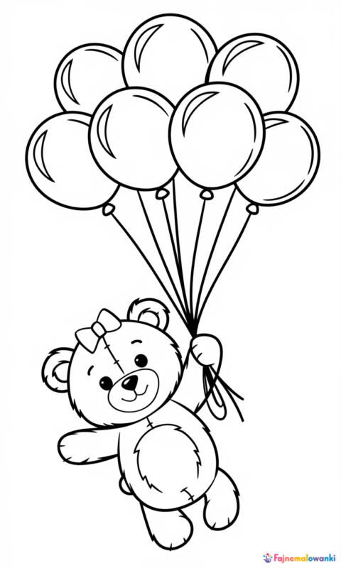 kolorowanka dla dzieci z misikiem unoszącym się na balonach