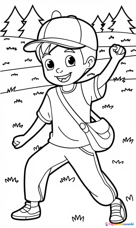 kolorowanka dla dzieci przedstawiająca młodego podróżnika w czapce i z torbą