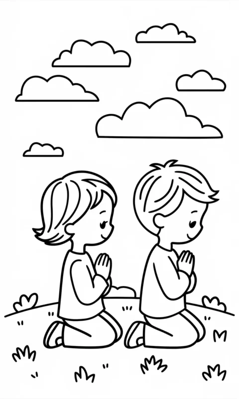 kolorowanka dla dzieci przedstawiająca dwie postacie modlące się na wzgórzu