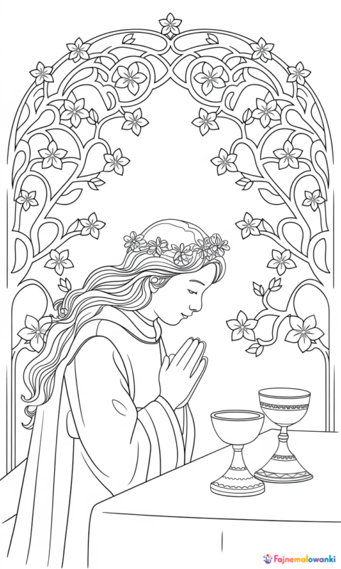 Kolorowanka religijna dla dzieci przedstawiająca modlącą się postać przy kielichu z hostią wśród kwitnących gałęzi - kolorowanki komunia świeta
