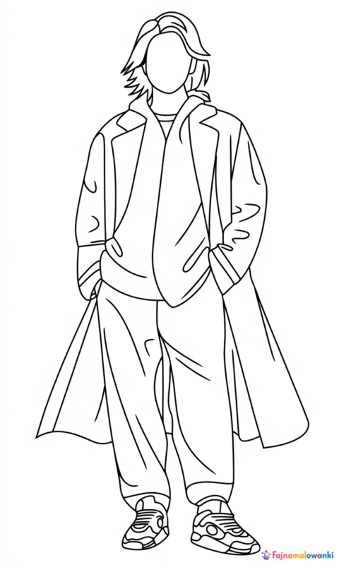 kolorowanka dla dzieci przedstawiająca postać w modnym płaszczu i sportowym obuwiu do pokolorowania - kolorowanki harry potter