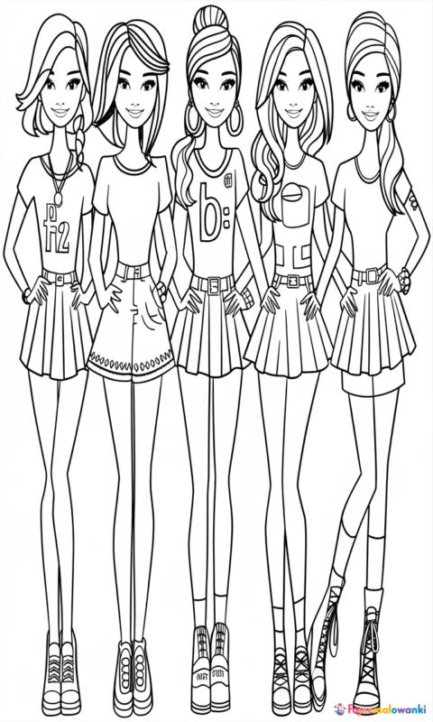 kolorowanka dla dzieci przedstawiająca grupę pięciu nastoletnich dziewczyn w modnych strojach do pokolorowania - kolorowanki lego friends