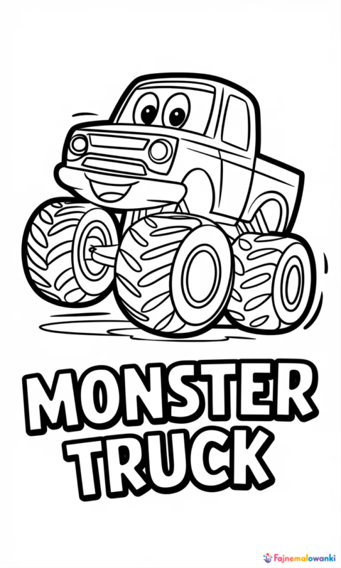 kolorowanka dla dzieci z wesołym monster truckiem wykonującym akrobacje