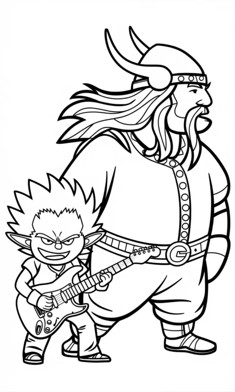 kolorowanka dla dzieci z zabawnymi postaciami muzycznymi - mały rockman z gitarą i śpiewająca postać - kolorowanki trolle