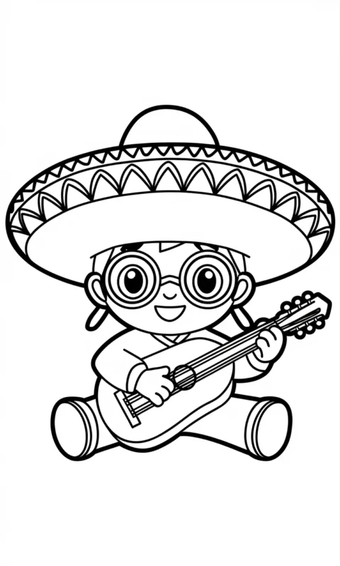 kolorowanka dla dzieci przedstawiająca wesołego muzyka w sombrero grającego na gitarze