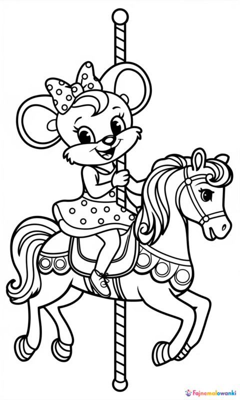 kolorowanka dla dzieci z wesołą myszką na karuzeli
