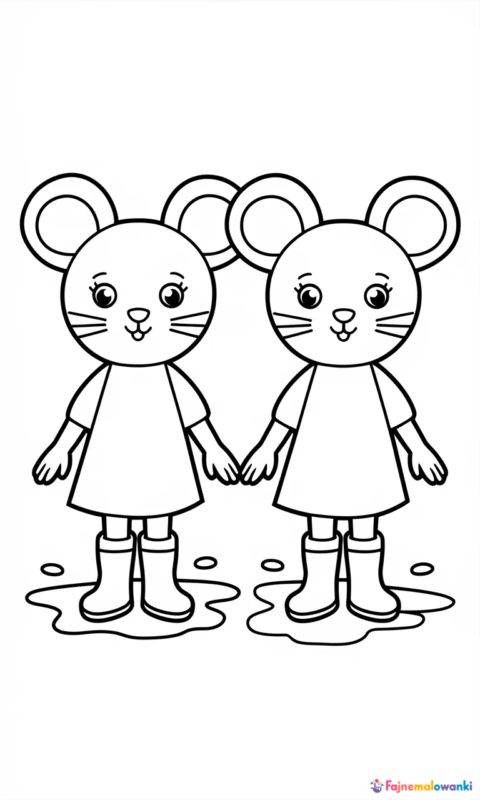 kolorowanka dla dzieci z dwiema myszkami w kaloszach do pokolorowania