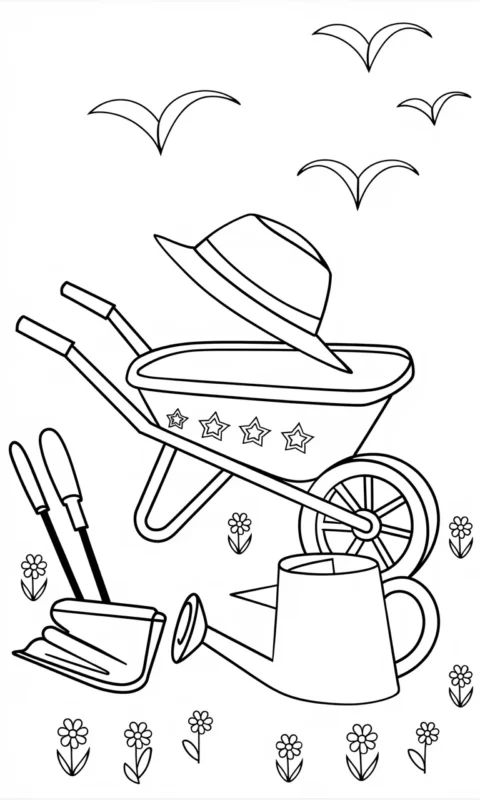 kolorowanka dla dzieci z motywem ogrodniczym - taczka