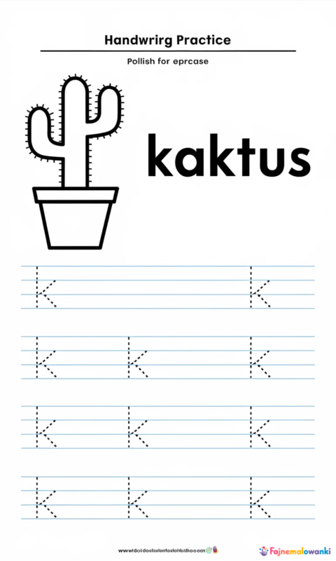 Karta pracy do nauki pisania litery K z obrazkiem kaktusa