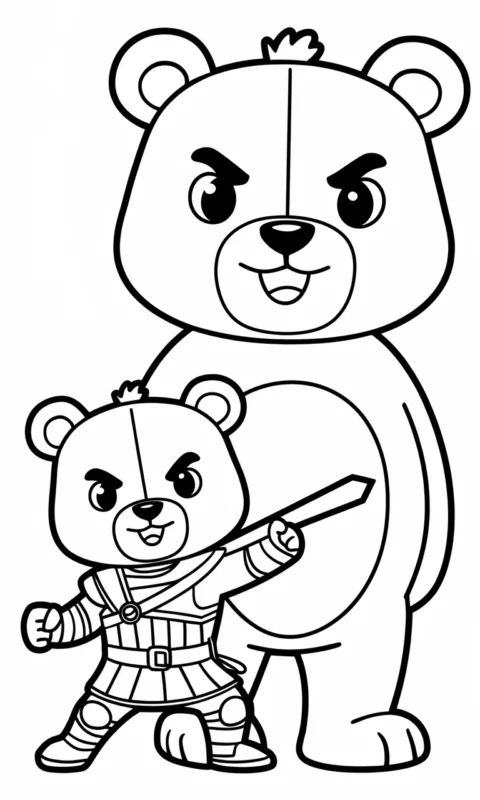 kolorowanka dla dzieci przedstawiająca dwa niedźwiadki - małego wojownika i dużego przyjaznego misia do pokolorowania - kolorowanki brawl stars