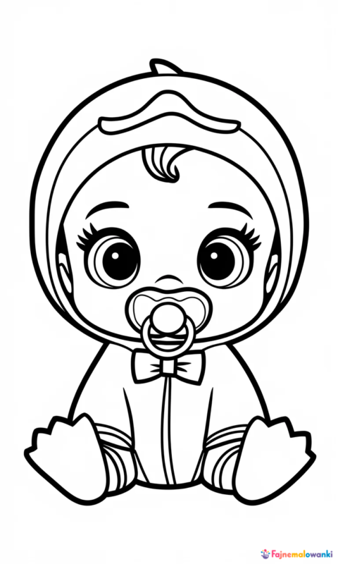 kolorowanka dla dzieci przedstawiająca słodkie niemowlę w stroju kaczuszki