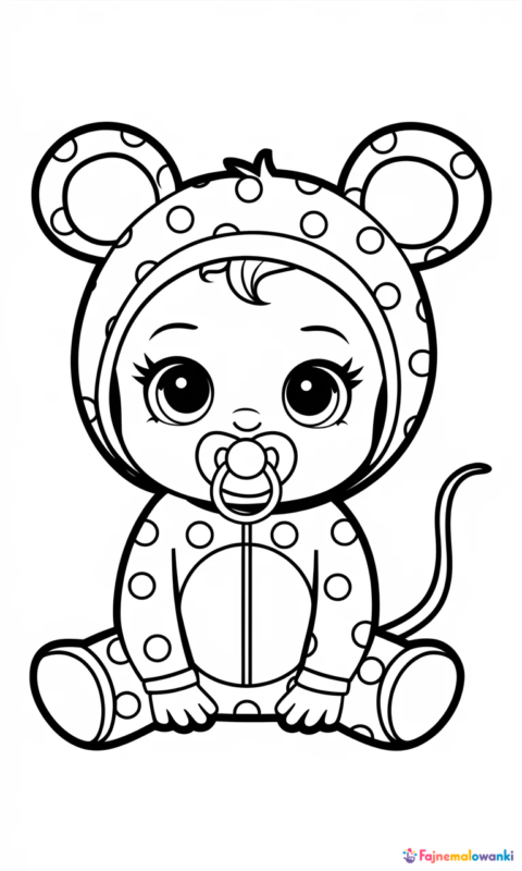 Kolorowanka dla dzieci przedstawiająca słodkie niemowlę w stroju myszki