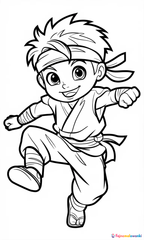 kolorowanka dla dzieci z młodym ninja w dynamicznej pozie skoku