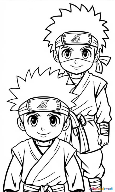 kolorowanka dla dzieci przedstawiająca dwóch młodych wojowników ninja w stylu anime do pokolorowania - kolorowanki naruto