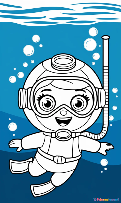 kolorowanka dla dzieci przedstawiająca małego nurka w kasku i płetwach