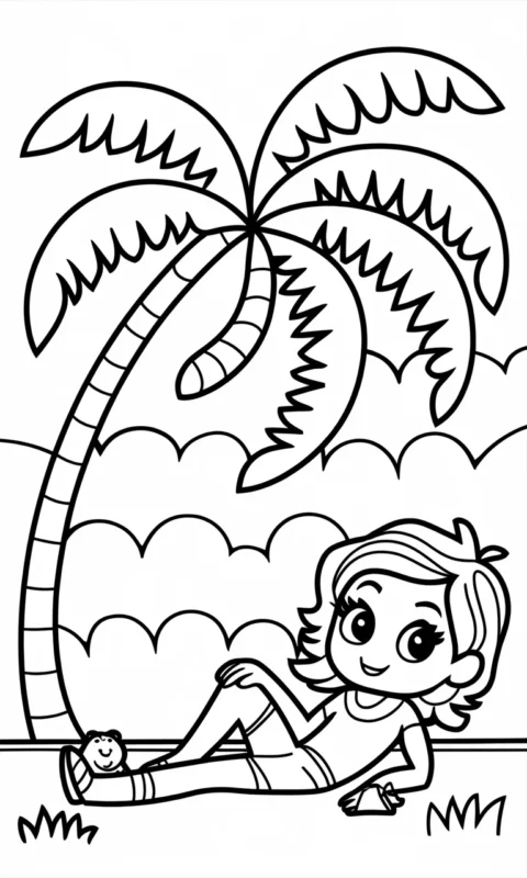 kolorowanka dla dzieci przedstawiająca postać odpoczywającą pod palmą ze swoim małym zwierzątkiem