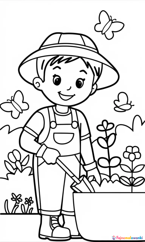 kolorowanka dla dzieci przedstawiająca ogrodnika pracującego w ogródku