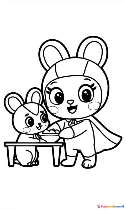 kolorowanka dla dzieci z uroczą postacią opiekującą się małym zwierzątkiem