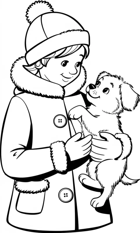 kolorowanka dla dzieci przedstawiająca osobę w zimowym stroju tulącą szczeniaka