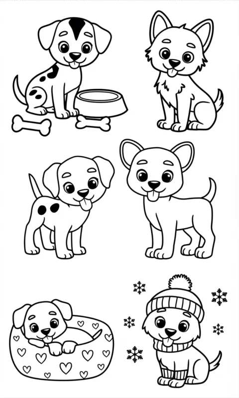 Kolorowanki dla dzieci przedstawiające pięć uroczych piesków w różnych pozach do pokolorowania - kolorowanki koty