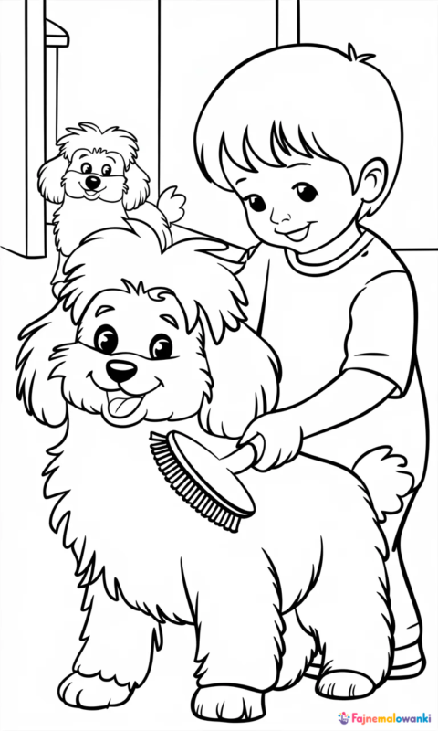 kolorowanka dla dzieci przedstawiająca dziecko czeszące dużego psa