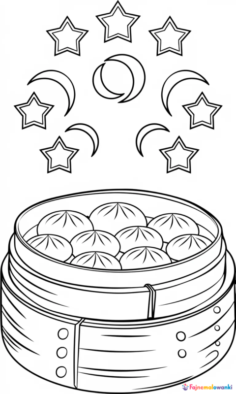 Kolorowanka dla dzieci przedstawiająca koszyczek z pierogami azjatyckimi oraz gwiazdkami i księżycem do pokolorowania - kolorowanki countryballs