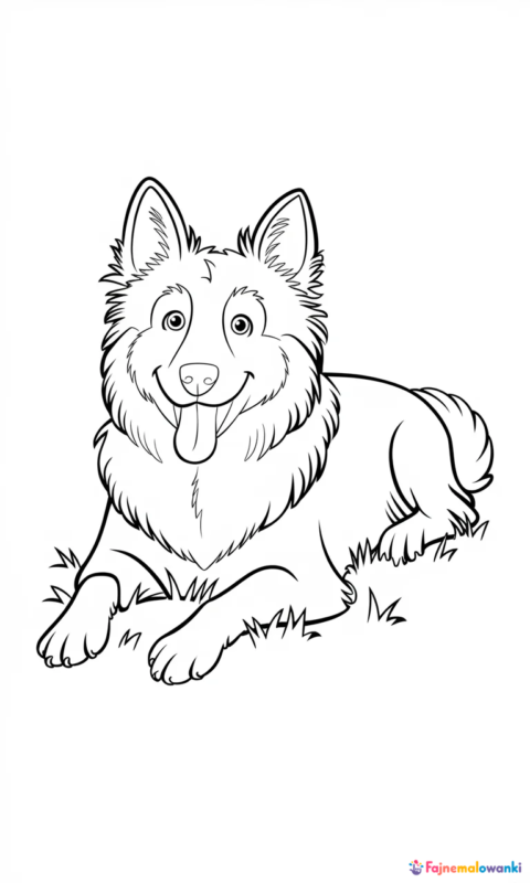 Kolorowanka dla dzieci przedstawiająca psa pasterskiego leżącego w trawie