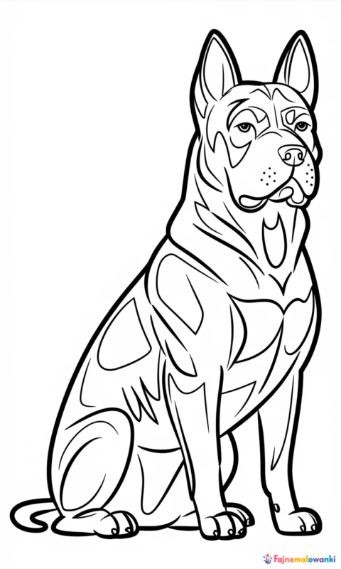 Kolorowanka dla dzieci przedstawiająca psa stróżującego w pozycji siedzącej