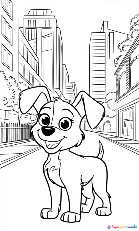 kolorowanka dla dzieci przedstawiająca wesołego psa na ulicy miasta wśród wysokich drapaczy chmur - kolorowanki sekretne życie zwierzaków domowych