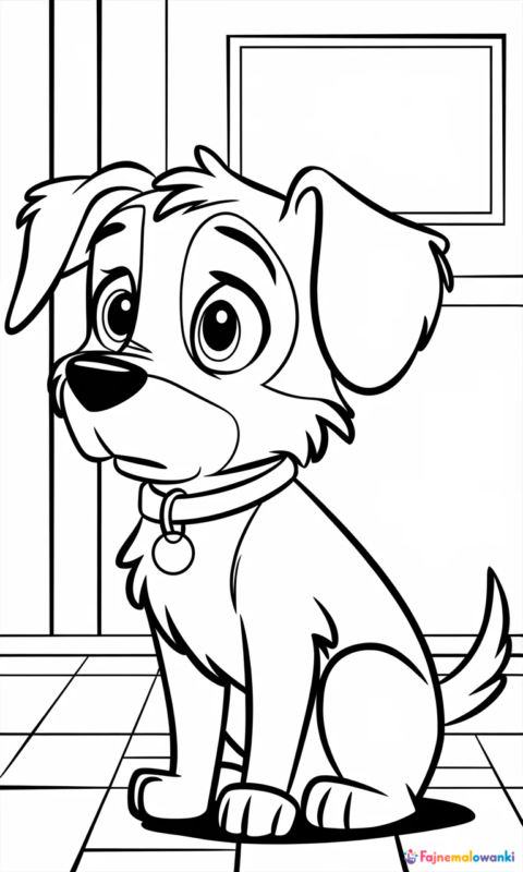 kolorowanka dla dzieci przedstawiająca uroczego psa w obroży siedzącego w pokoju