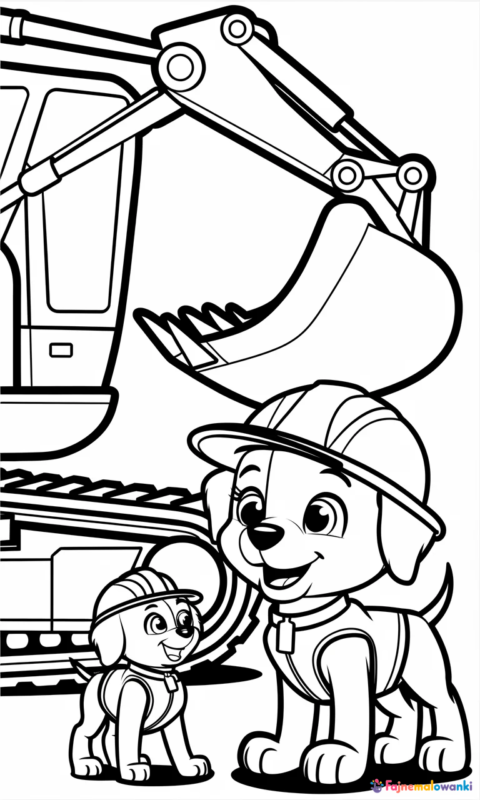 kolorowanka dla dzieci z pieskiem budowniczym w kasku i koparką do pokolorowania