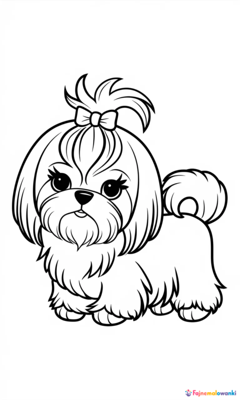 Kolorowanka dla dzieci przedstawiająca uroczego pieska rasy shih tzu z kokardką
