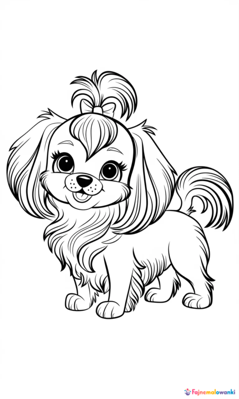 Kolorowanka dla dzieci z pieskiem rasy yorkshire terrier z kokardką