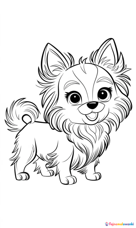 Kolorowanka dla dzieci przedstawiająca małego pieska z długą sierścią do pokolorowania
