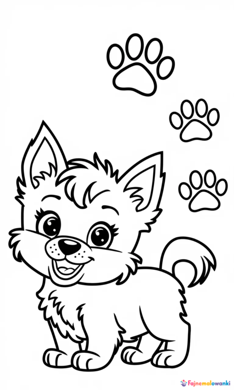 Kolorowanka psa z puszystą sierścią i śladami łapek