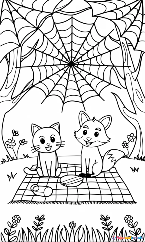 Kolorowanka dla dzieci z uroczym kotkiem i liskiem na pikniku pod pajęczyną
