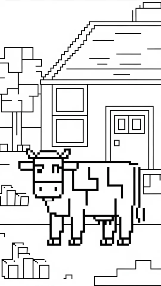 Kolorowanka Minecraft: Krowa i Dom do Druku dla Dzieci