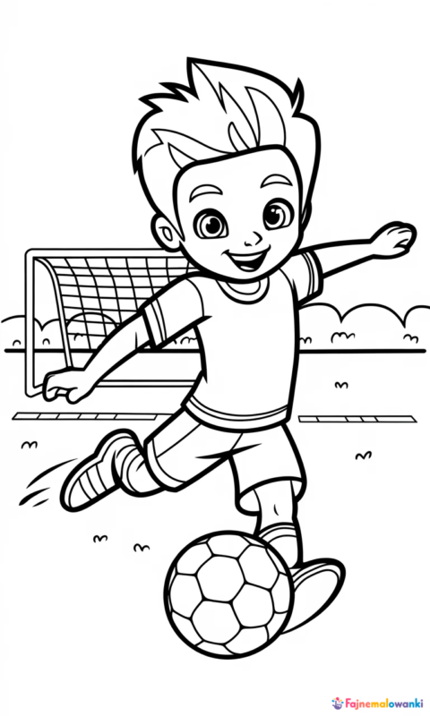 kolorowanka dla dzieci przedstawiająca chłopca grającego w piłkę nożną