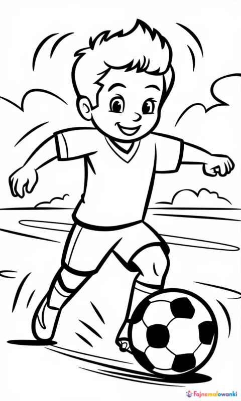 kolorowanka dla dzieci przedstawiająca chłopca grającego w piłkę nożną