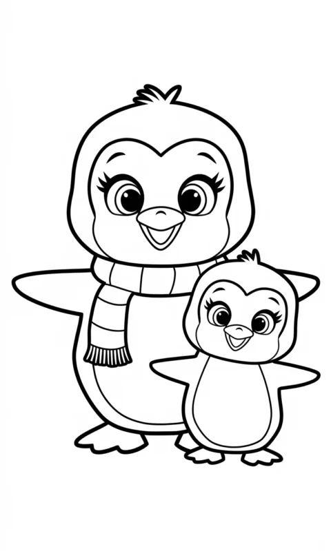 kolorowanka dla dzieci z uroczymi pingwinami - duży pingwin w szaliku i mały pingwinek