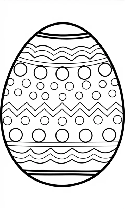Kolorowanka wielkanocna z dużym jajkiem ozdobionym falami i kropkami do pokolorowania dla dzieci - kolorowanki wielkanocne