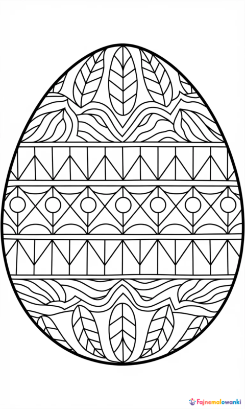Ozdobna pisanka wielkanocna z geometrycznymi wzorami do kolorowania dla dzieci - kolorowanki wielkanocne