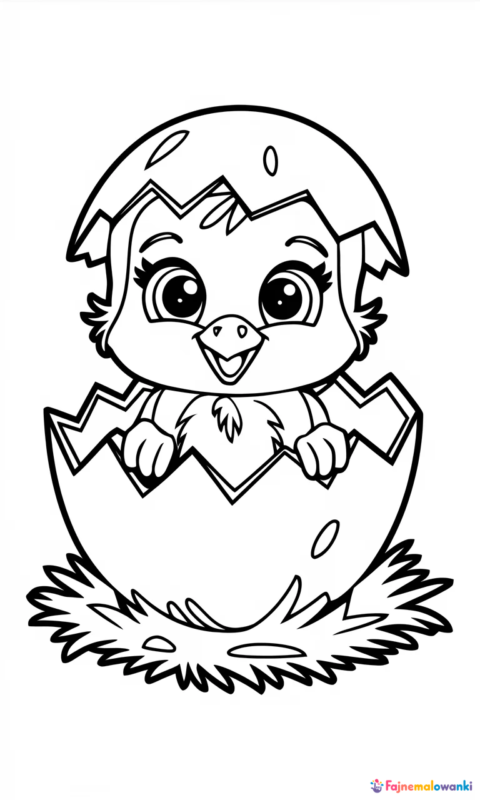 kolorowanka dla dzieci przedstawiająca małego ptaszka wykluwającego się z jajka